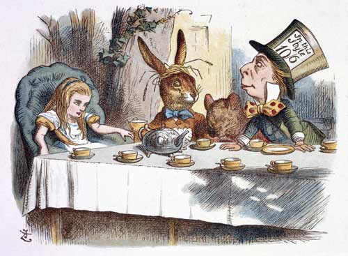 Tenniel's illustration of Alice having tea with the March Hare, Dormouse and the Mad Hatter.