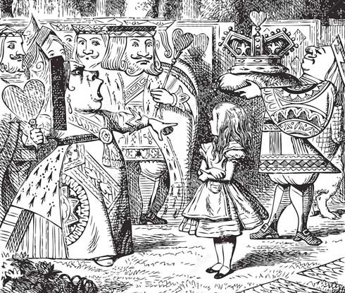 Tenniel's illustration of the Queen of Hearts shouting at  Alice