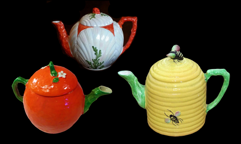 Carlton Ware teapots from the Clam Shell, JAFFA and BEE ranges.