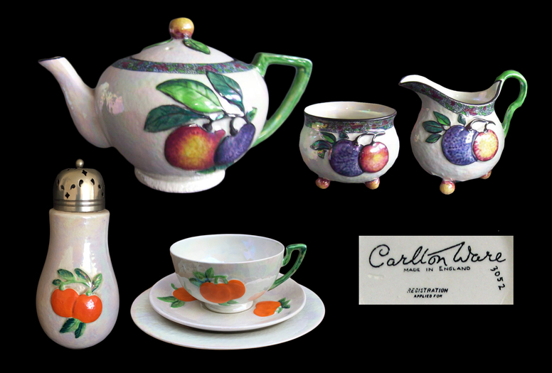 Examples of Carlton Ware Embossed Plums and Embossed Oranges.