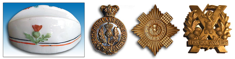 Carlton China model of a Glengarry cap with embossed thistle representing cap badge. Cap badges incorporating thistles.