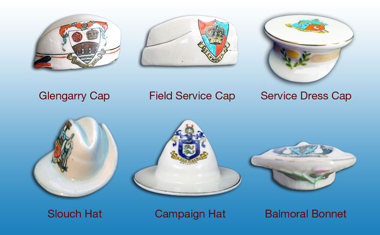 Carlton China models of military caps and hats.