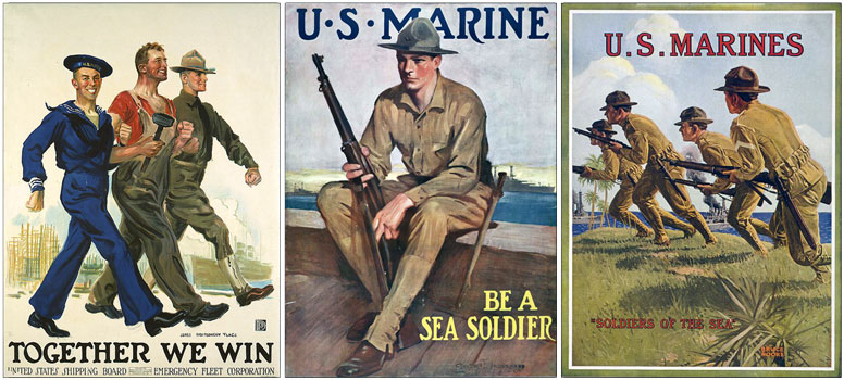 WW1 American recruitment posters, showing the use of the campaign or 'lemon squeezer' hat. 