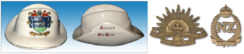 Carlton China model of a slouch hat, printed Anzacs For Ever with cap badges of two of the Australian and New 
				Zealand forces.