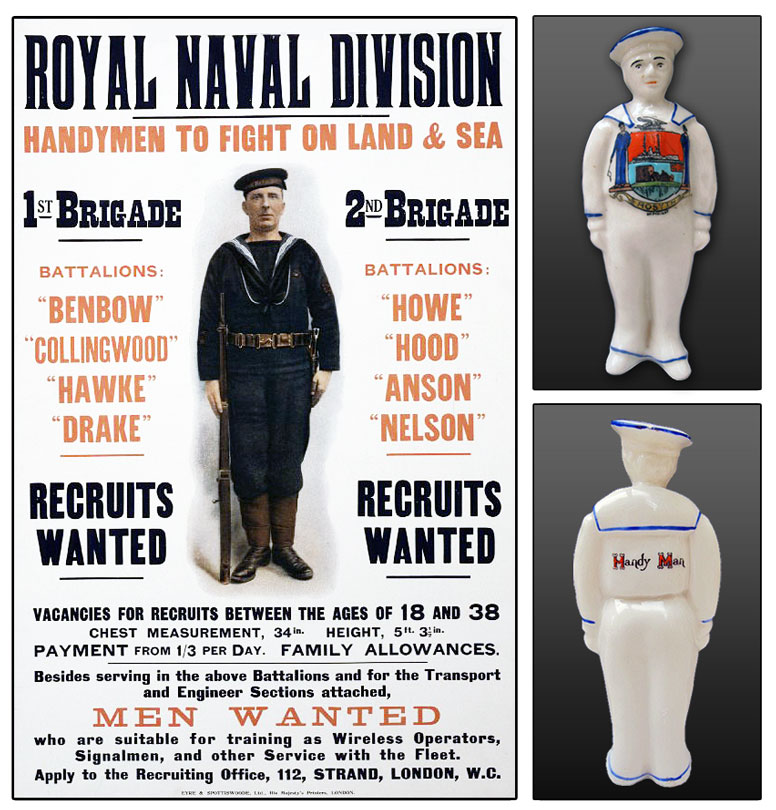 Royal Naval Division recruitment poster and Cartlon Ware model of a sailor.